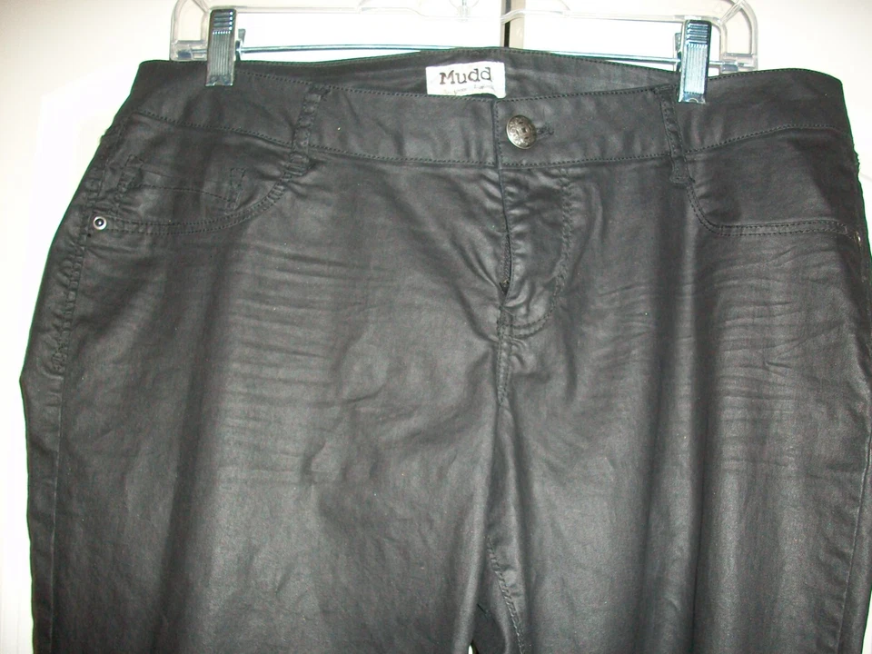 Mudd 弹力皮革外观弹性弹力裤黑色 17 码拉链腿-牛仔裤剪裁 — 第 3/4 张图片