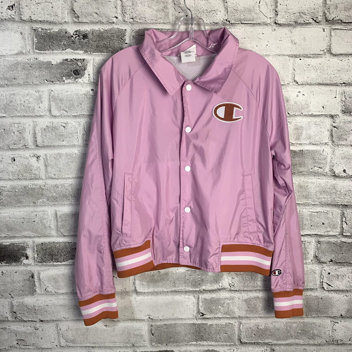 Champion Coach Jacket Pink Windbreaker Bomber Snap Front Women's