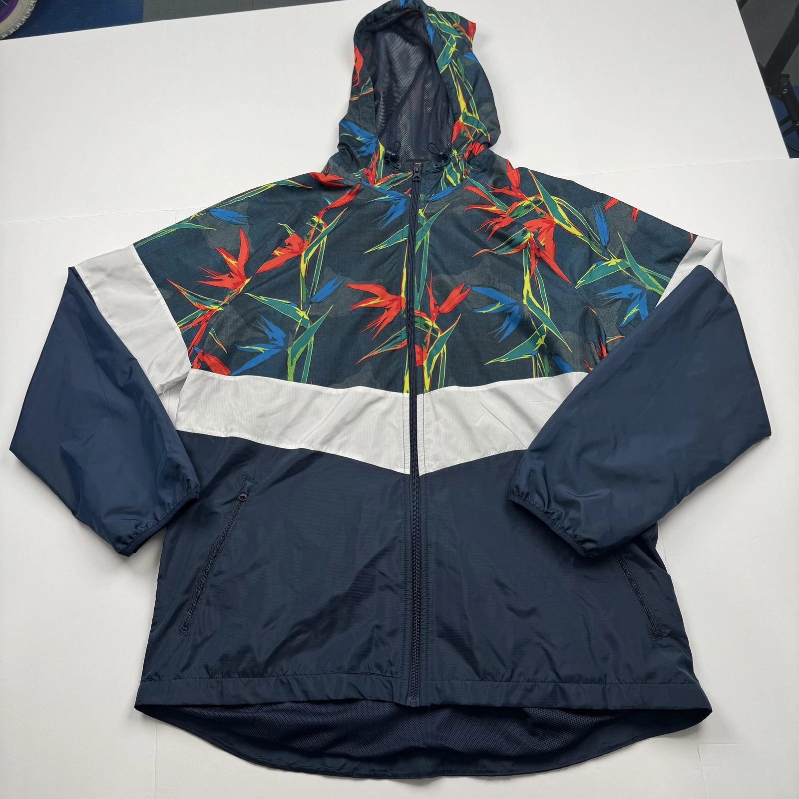 Russell Jacket Mens XL Navy Blue Hooded Windbreaker Bird Floral Print Polyester