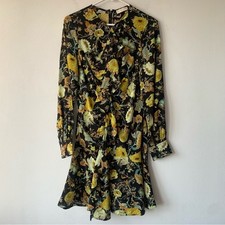 Ulla Johnson Salima Silk Ruffle High V Neck Long Sleeve Mini Dress Baroque Black