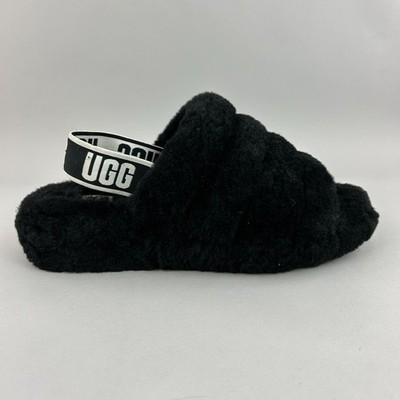 UGG Black Fluff Yeah Slide Hausschuhe Lammfell flach Slingback Sandalen Schuh 40 UK7