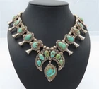 Signed Southwestern Sterling Silver Turquoise Squash Blossom Necklace 25.5"