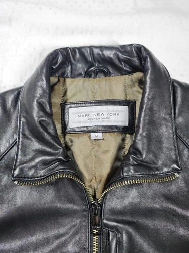 Marc New York Andrew Marc Black Leather Jacket Men M Medium Zip Quilt Lined image 2