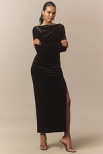 NWT BHLDN Eloise Boat Neck Stretch Side Slit Velvet Maxi Dress in Black Sz M