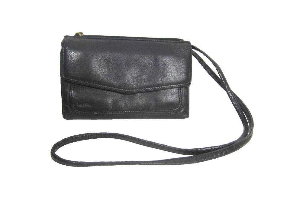 Vintage Fossil schwarz Kiesel Leder Organizer Geldbörse Clutch langer Schulterriemen - Bild 1 von 4