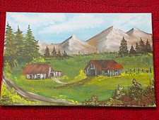 Landscape Mountain Barn & Trees Painting on Canvas, Small Unframed