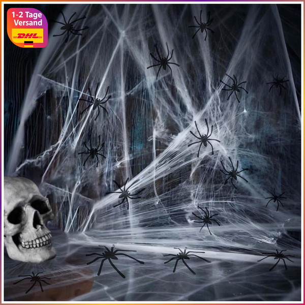 Halloween Spinnennetz Deko 60G Dehnbar Mit 30 Plastikspinnen FüR Grusel-image