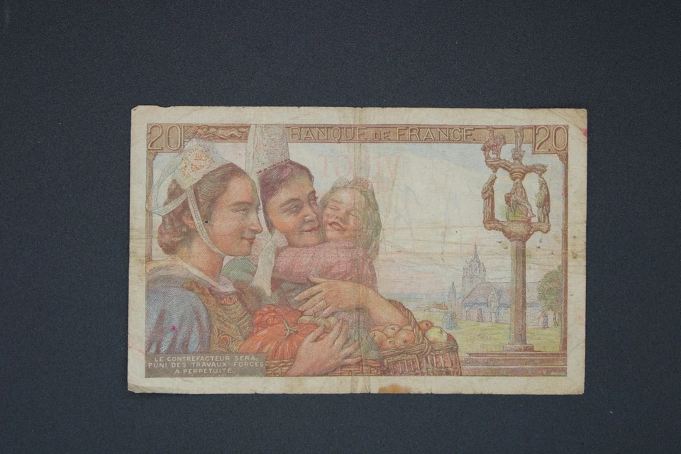 "Billete de 20 francos de pescador (Vingt Francs Pêcheur) emitido por el Banco de Francia" Foto 2 de 2