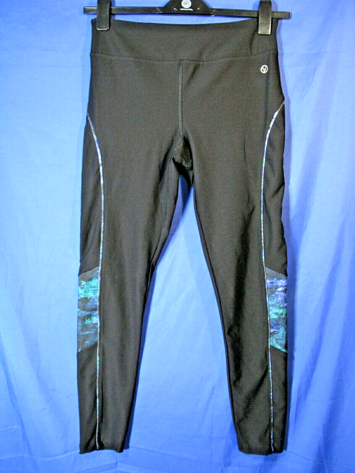 VOGO ATHLETICA Black Knit YOGA LEGGINGS Green/Purple Shimmer Trim RUNNING  M