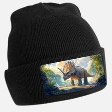 Unisex Cotton Triceratops Print Black Beanie Hat