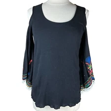 VaVa by Joy Han (Size S) Boho Embroidered Black Cold Shoulder Pom Poms Shirt Top