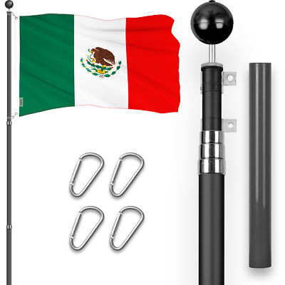 Combo: 16 Ft Telescoping Flagpole Black & Mexico Mexican Flag 3x5 Ft Emb 300D