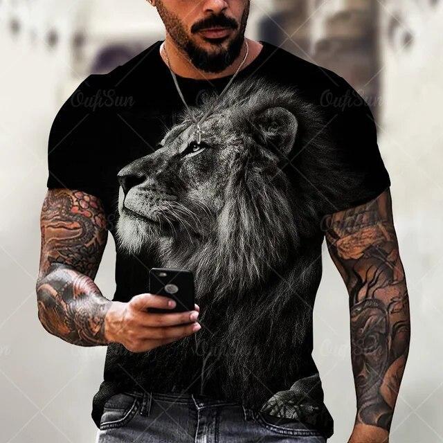 3d Print Men T Shirt Black Lion Gaze Fashion Graphic Short Sleeve Tee Classic