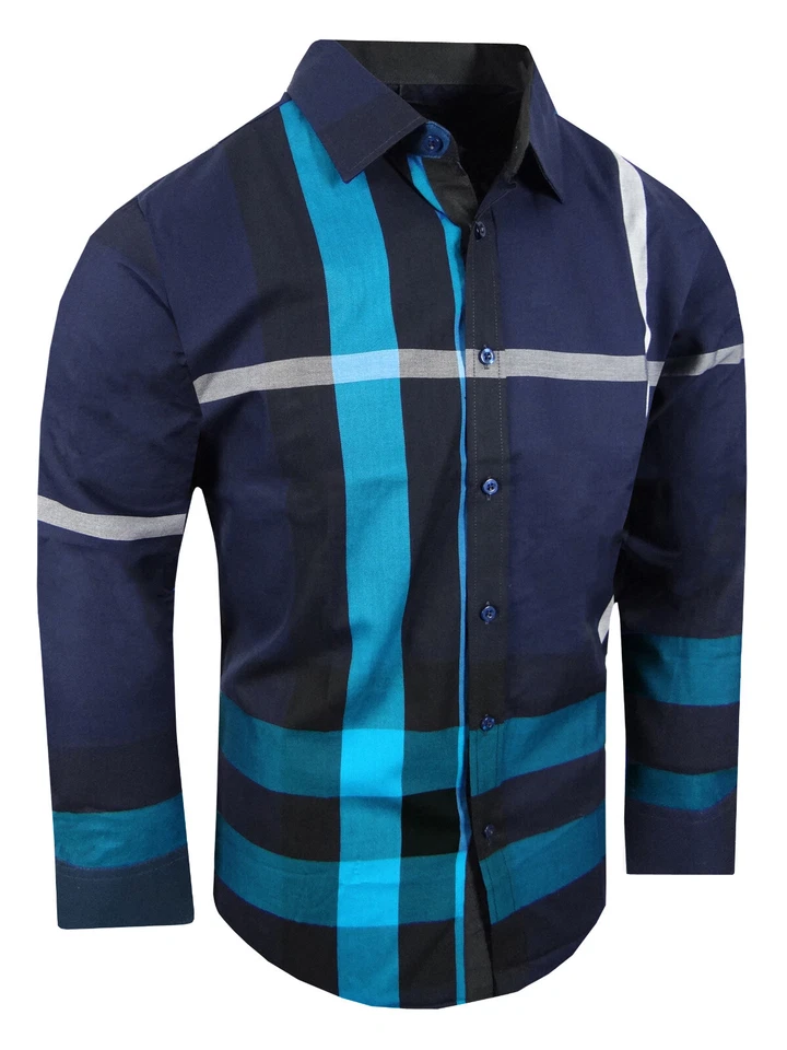Designer Plaid Shirt Mens SLIM FIT Stretch NEW Stripe Button Up Casual Dress - Image 4 of 4