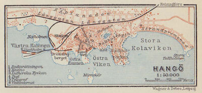Hanko / Hangostadt / Stadtplan. Finnland. SEHR KLEIN. BAEDEKER 1914 alte Karte