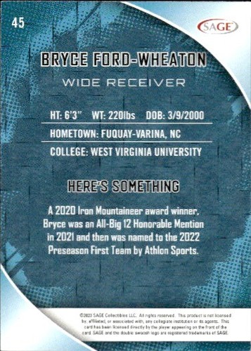 2023 SAGE HIT #45 Bryce Ford-Wheaton West Virginia Mountaineers Football - Picture 2 of 2