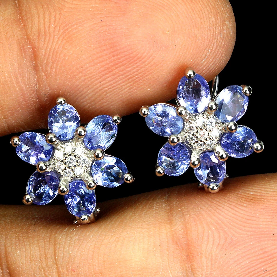 925 Argento Sterling Ovale Tanzanite 5x4mm Finto Zirconia Cubica Fiore Orecchini - Immagine 2 di 4