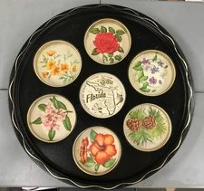 Vintage Florida 1960's Metal Tray Holds 6 Cups Glasses Seasonal Flower Design