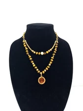 Tigers Eye Faceted Stone Bead Two Strand Gold Tone Necklace Pendant Statement