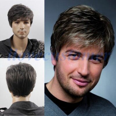 100% Human Hair Mens Wig Short Black mixed Gray Hair Natural Looking for Male 