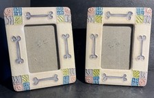 Ceramic Photo Frames, Set Of 2 W/ Dog Bone Accent, 4x5  For 2  x3  Pics, For Pets