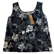 Susan Lawrence Women Black White Floral Scoop Neck Tank Top Size 1X Made in USA