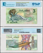 Cook Islands 3 Dollars, 1987 ND, P-3a, UNC, Stains, Authenticated