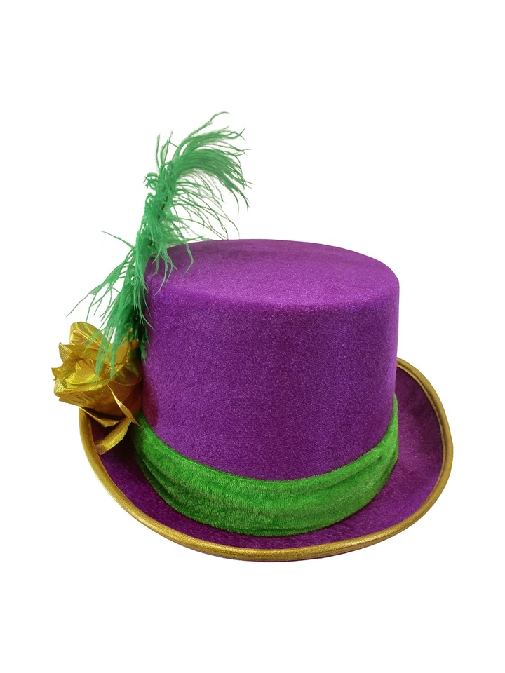 Womens Purple Velvet Mardi Gras Top Hat Gold Rose Green Feather Costume - Image 3 of 4