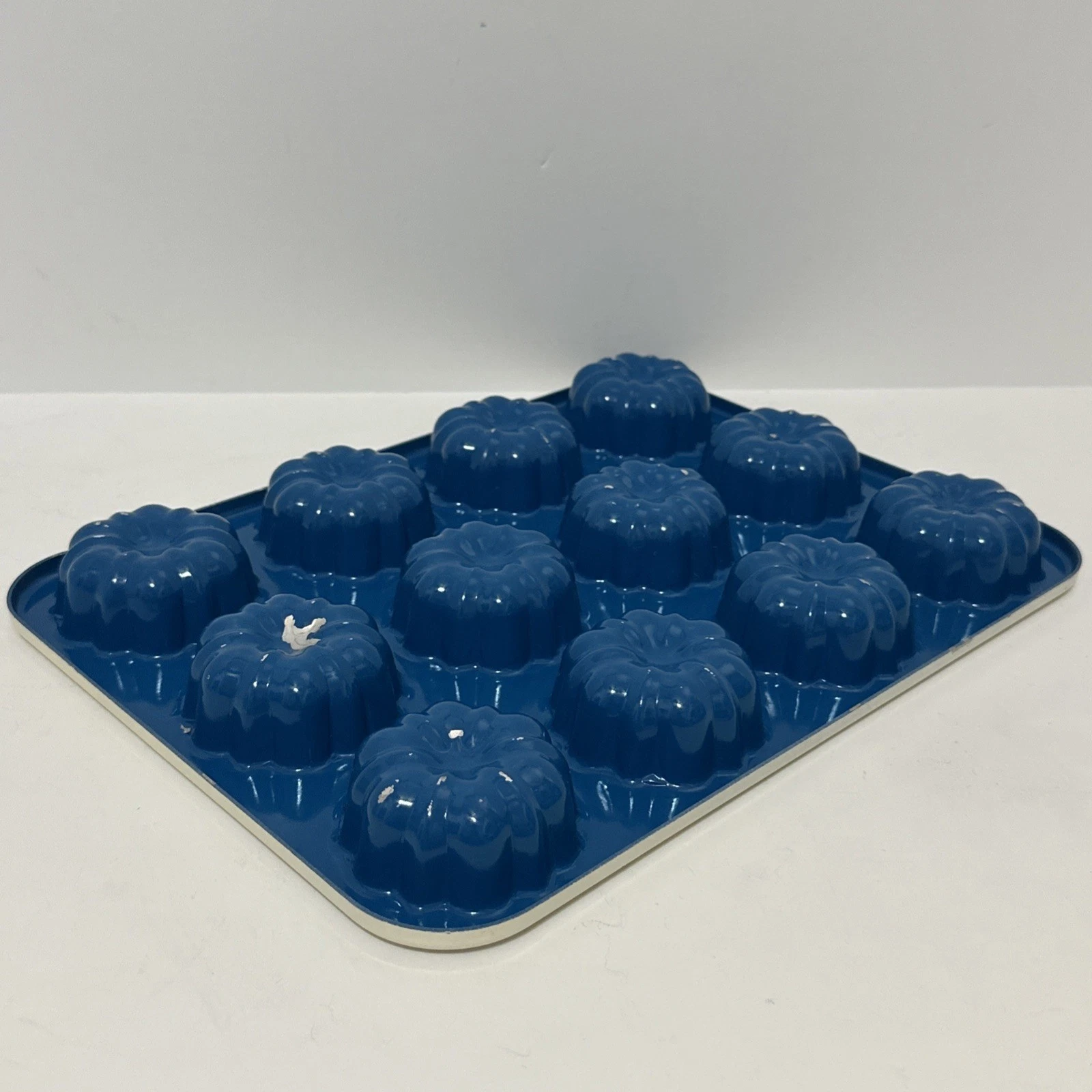 Vintage 1970s Nordic Ware Mini Pumpkin Floral Bundt Pan 12 Cavity Blue Cream