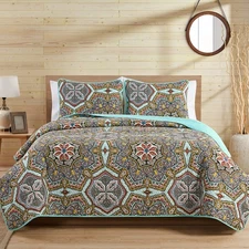 - King Quilt Set, 5-Piece Lightweight Reversible Medallion Quilt Set, Boho Ro