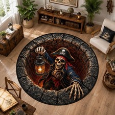 Pirate Skeleton Rug, 3D Optical Illusion Carpet, Skull Lantern Round Washable
