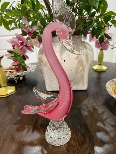 Vintage Murano Glass Swan – 14" Tall – Pink and Clear - Made in Italy