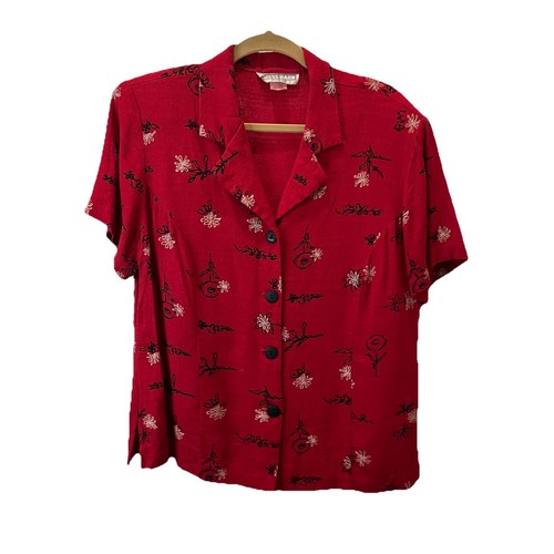Vintage Dress Barn Red Black Floral Button Up Short Sleeve Top Womens Size 16W