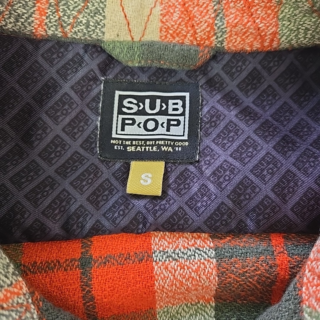 SUB POP Records Camano Flannel Shirt Orange Autumn Plaid Men's S Woven Cotton