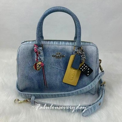 Coach Rowan Satchel Bag Crossbody In Loved Denim With Charms/Gold/Indigo CDY74