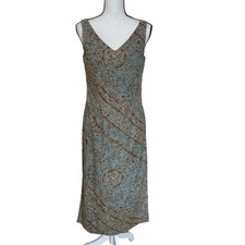 Peruvian Connection Blue Brown Print Sleeveless Sheath Dress Womens 8