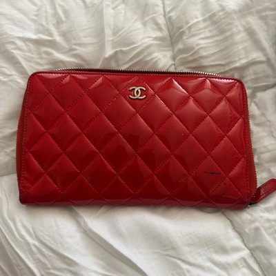 Chanel Women s CC Quilted Patent Leather Long Zip Around Wallet Coral Red