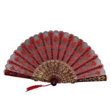 Vintage Spanish Flamenco Style Folding Hand Fan Red Floral Embroidery Black