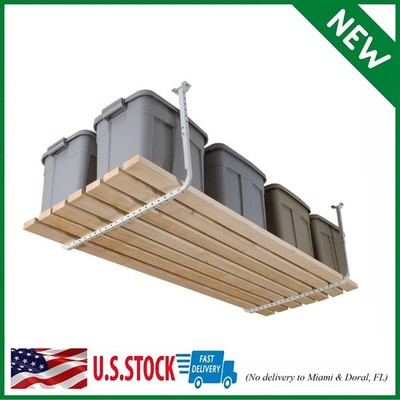 Garage Ceiling Storage Rack Kit Adjustable White Heavy Duty Overhead Shelving