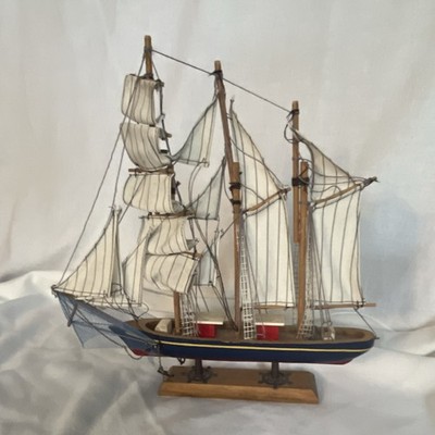 Don Mechanic Sailing Ship Model Wood & Fabric, Nautical Display w/ Stand Blue