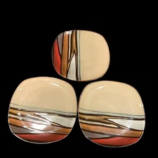 Set Of 3 Gibson Elite Matrice Stoneware Lunch Salad Plates Tan Red Square 8 3/4