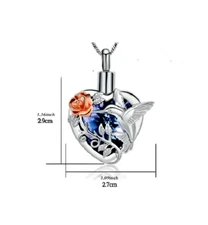 HEART HUMMINGBIRD URN ASHES CREMATION Pendant on 925 Plated Silver 20" Necklace