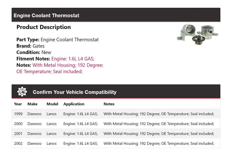 Para 1999-2002 Daewoo Lanos 1.6L L4 GAS Motor Refrigerante Termostato Puertas 2000 2001 Foto 2 de 4