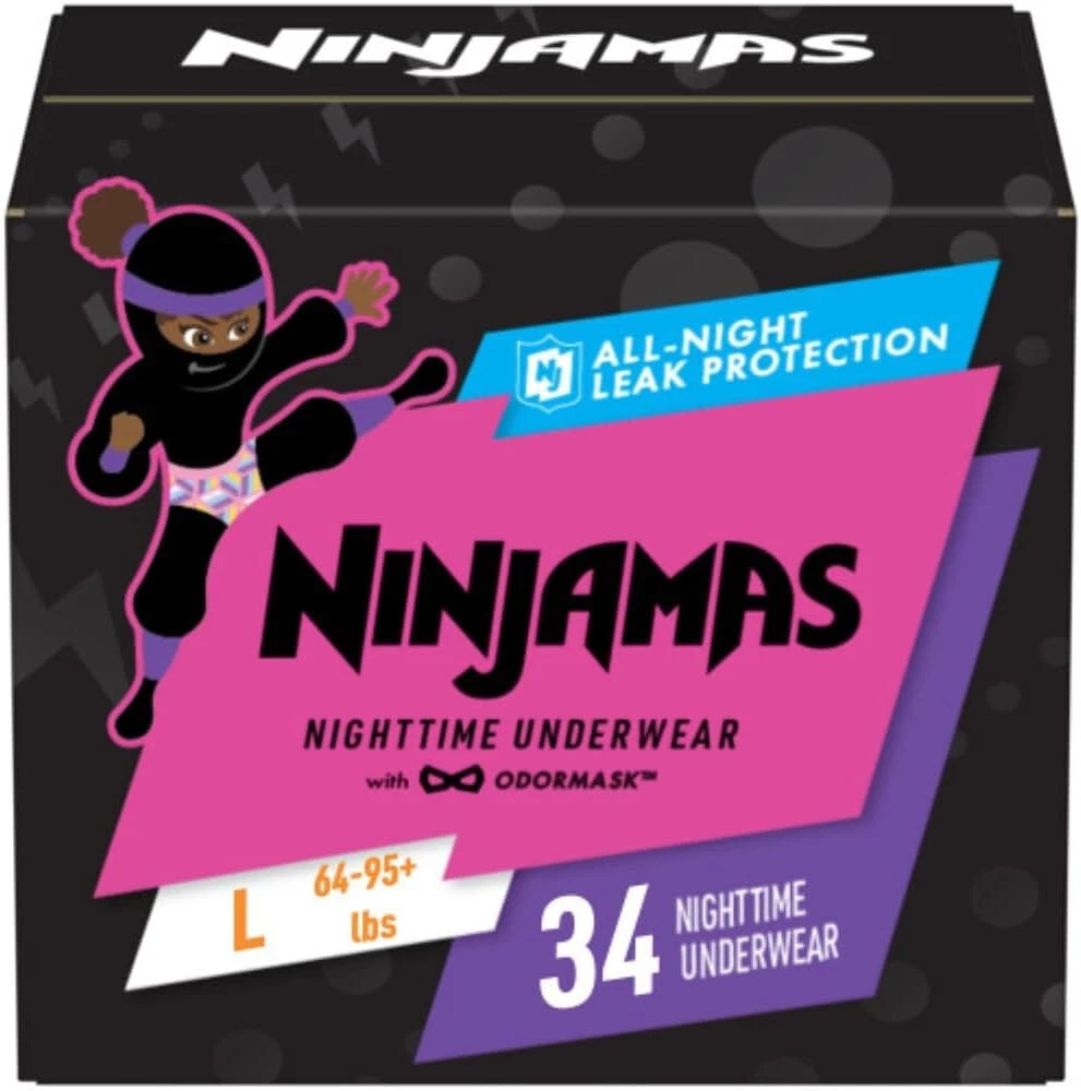 64 Pampers Ninjamas Nighttime Bedwetting Underwear Girls - Size L (64-125 lbs)