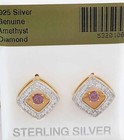 GENUINE AMETHYST & DIAMOND STUD EARRING .925 SILVER (Yellow) - NEW WITH TAG