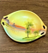 Hand painted Nippon Vintage Serving Dish Toleware Mideast Scene Yellow
