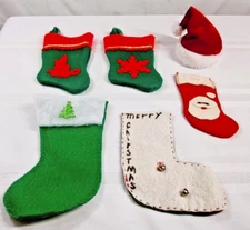 Small Christmas Stockings Lot of 6 Bells Red Green White Felt Santa Hat Mini