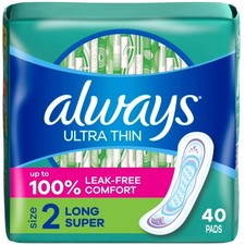 Ultra Thin Pads No Wings Size 2 Long Super Absorbency 40 Count Sanitary Napkins