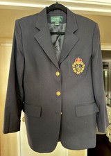 Lauren Ralph Lauren Womens Navy Blue Crest Emblem Blazer Sz 10 Excellent