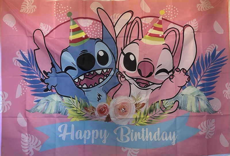 Stitch & Angel Happy Birthday Banner, 3x5FT Party Decor Wall Hanging Backdrop
